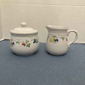 VTG AMG Nanci Genuine Stoneware Multicolor Fruit Patterned Cream & Sugar Set